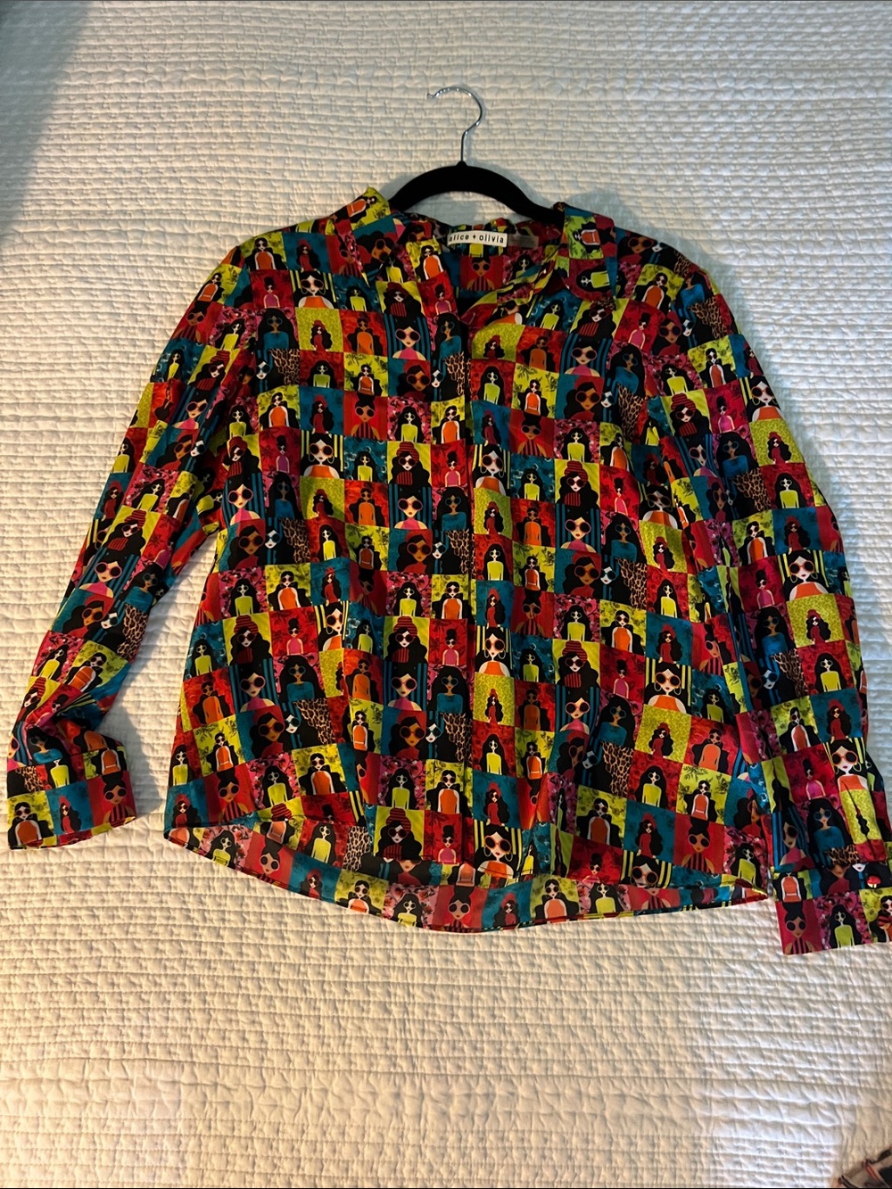 Alice and Olivia Colorful Graphic Portrait Button-Up Blouse
